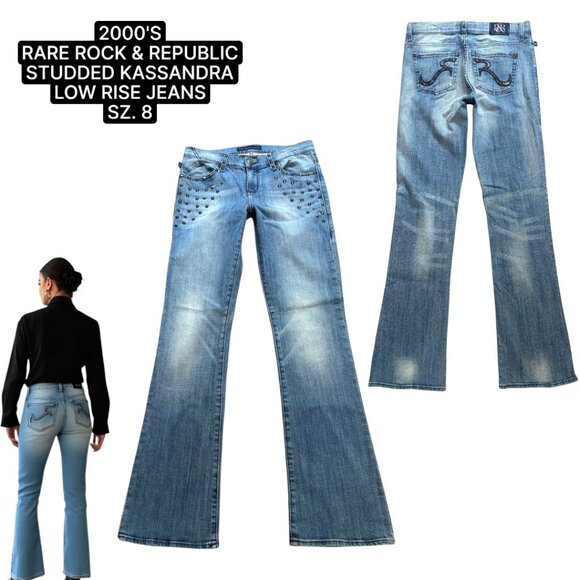 2000'S VTG. RARE ROCK & REPUBLIC STUDDED LOW RISE KASSANDRA JEANS US SZ. 8 - Picture 1 of 5